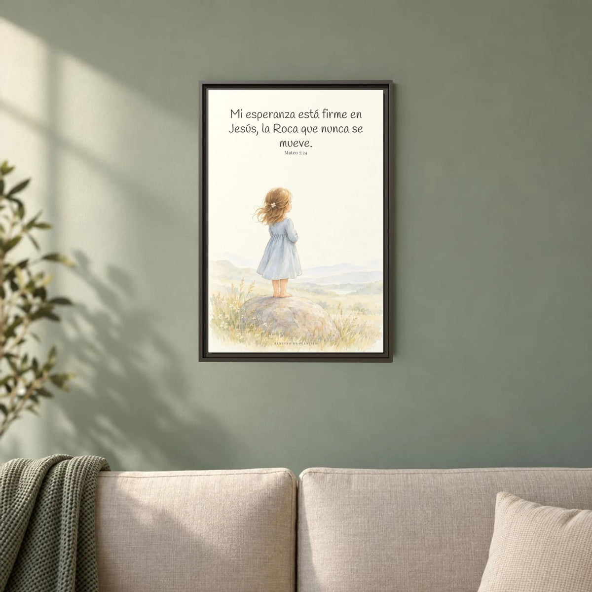 Mi esperanza está firme en Jesús — Lienzo Cristiano Enmarcado | Mateo 7:24 — 16×24 pulgadas, marco espresso, vista frontal ambiental, escala física calibrada