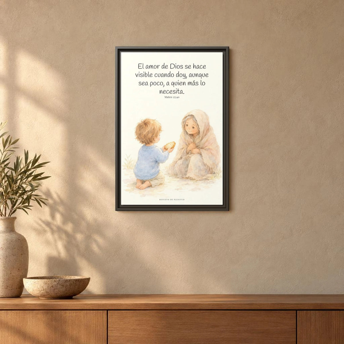 El amor de Dios se da en cosas pequeñas — Lienzo Cristiano Enmarcado | Mateo 25:40 — 16×24 pulgadas, marco espresso, vista frontal ambiental, escala física calibrada