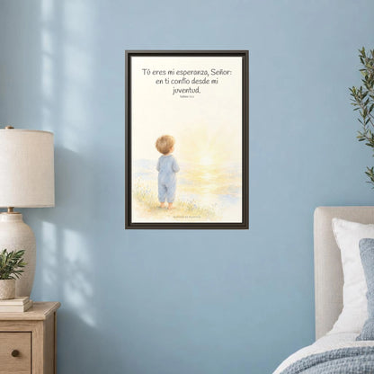 Tú eres mi esperanza, Señor — Lienzo Cristiano Enmarcado | Salmo 71:5 — 16×24 pulgadas, marco espresso, vista frontal ambiental, escala física calibrada
