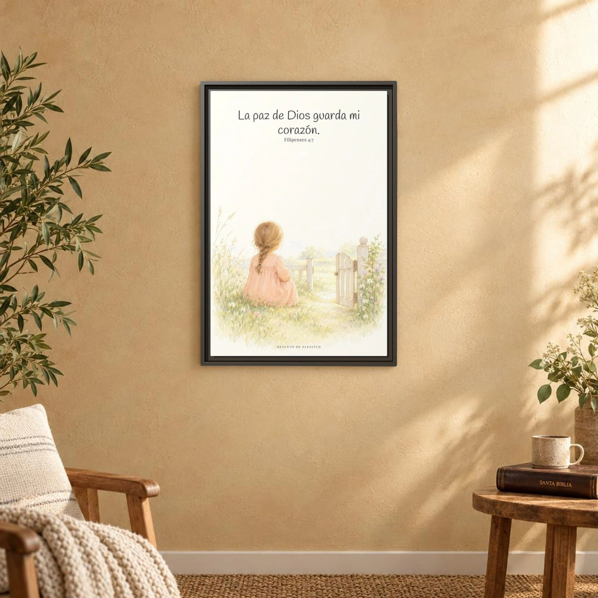La paz de Dios guardará mi corazón — Lienzo Cristiano Enmarcado | Filipenses 4:7 — 16×24 pulgadas, marco espresso, vista frontal ambiental, escala física calibrada