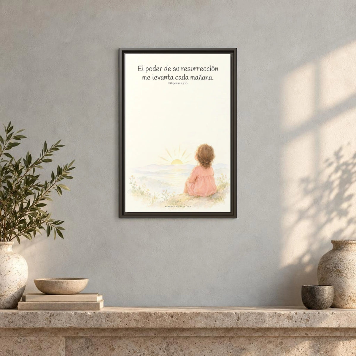 El poder de su resurrección me levanta — Lienzo Cristiano Enmarcado | Filipenses 3:10 — 16×24 pulgadas, marco espresso, vista frontal ambiental, escala física calibrada
