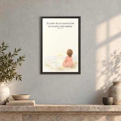 El poder de su resurrección me levanta — Lienzo Cristiano Enmarcado | Filipenses 3:10 — 16×24 pulgadas, marco espresso, vista frontal ambiental, escala física calibrada