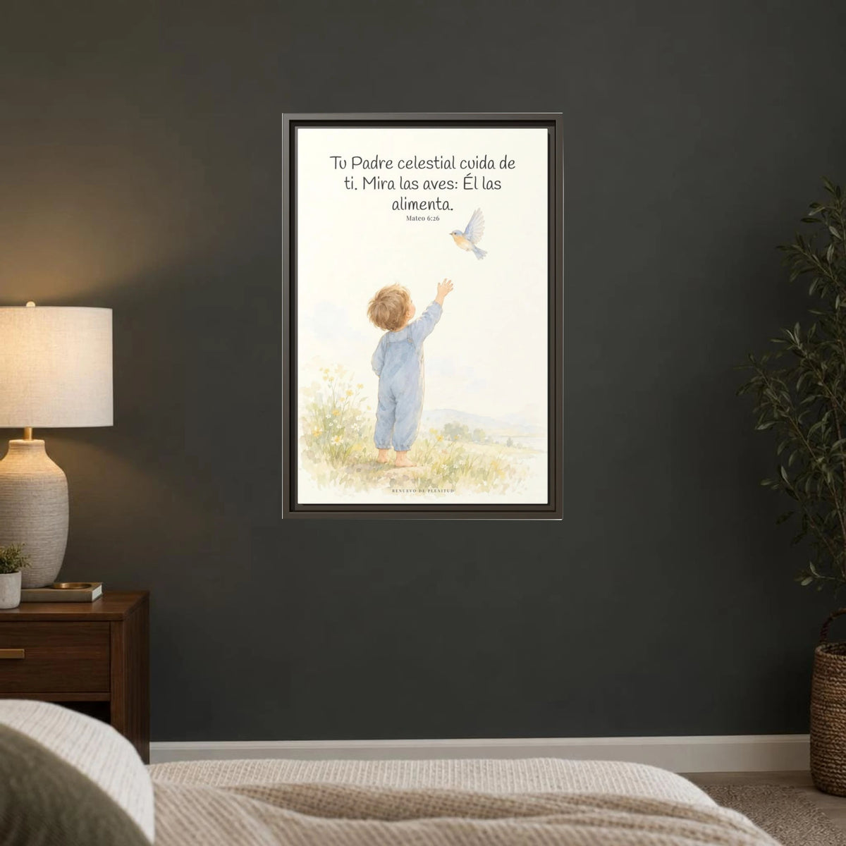 Tu Padre celestial cuida de mí — Lienzo Cristiano Enmarcado | Mateo 6:26 — 16×24 pulgadas, marco espresso, vista frontal ambiental, escala física calibrada