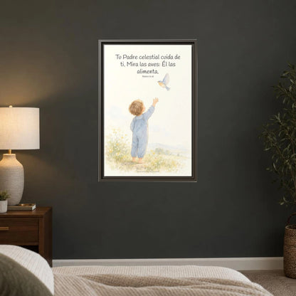 Tu Padre celestial cuida de mí — Lienzo Cristiano Enmarcado | Mateo 6:26 — 16×24 pulgadas, marco espresso, vista frontal ambiental, escala física calibrada