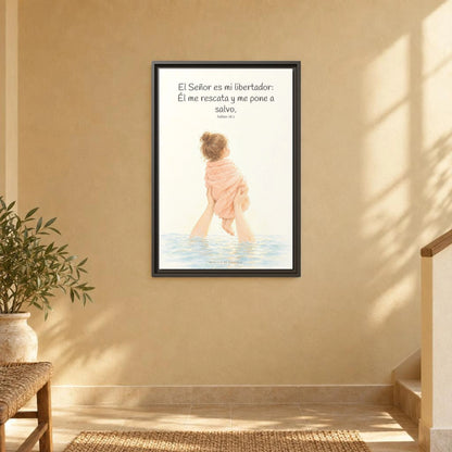 El Señor es mi libertador — Lienzo Cristiano Enmarcado | Salmo 18:2 — 16×24 pulgadas, marco espresso, vista frontal ambiental, escala física calibrada