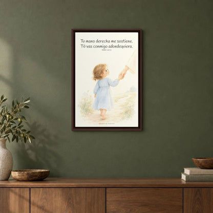 Tu mano me guía por el camino | Lienzo cristiano decorativo | Salmo 139:10 — 16×24 pulgadas, marco espresso, vista frontal ambiental, escala física calibrada