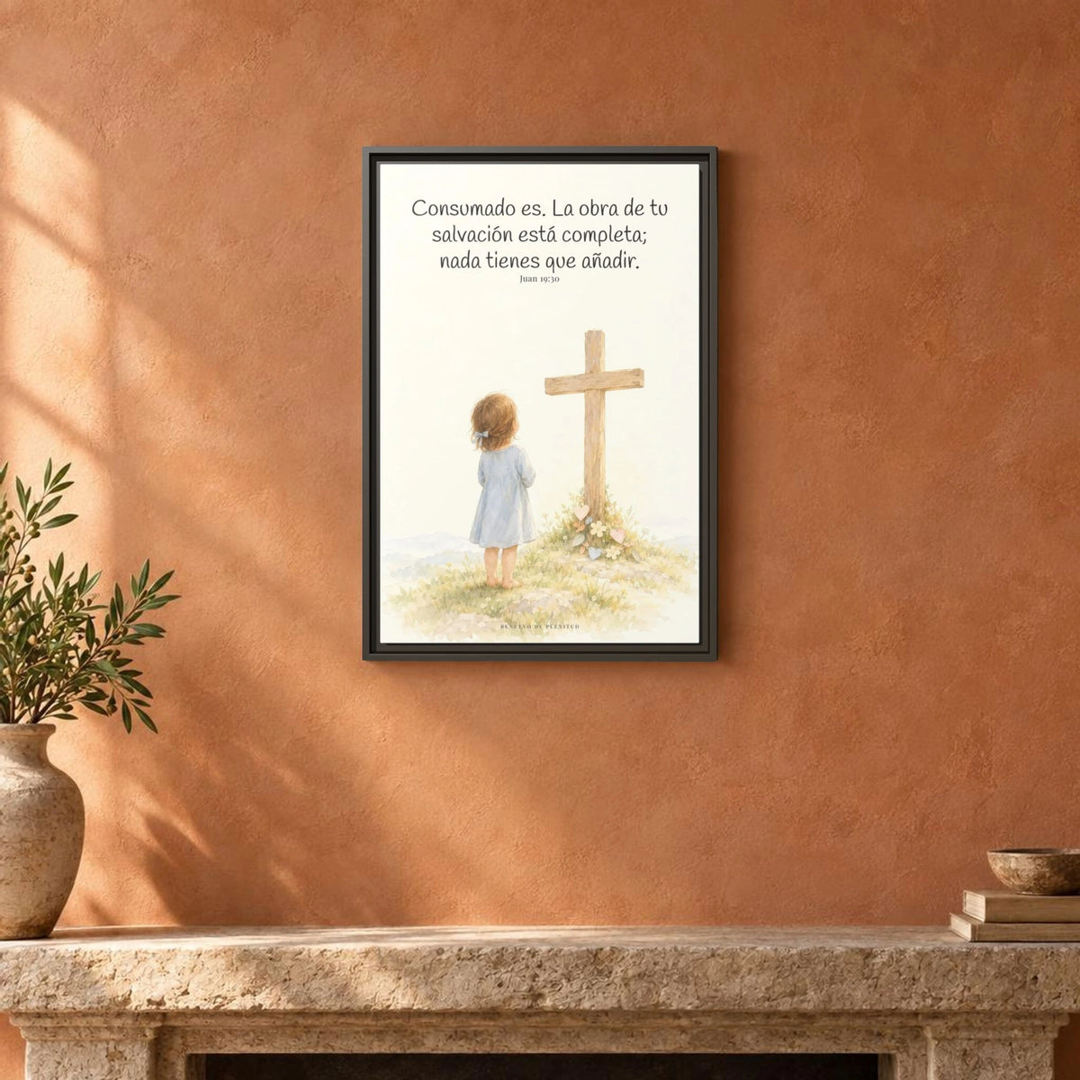 Consumado es: ya nada falta en la obra de Cristo — Lienzo Cristiano Enmarcado | Juan 19:30 — 16×24 pulgadas, marco espresso, vista frontal ambiental, escala física calibrada