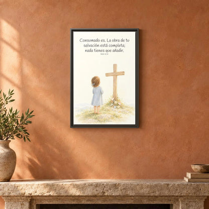 Consumado es: ya nada falta en la obra de Cristo — Lienzo Cristiano Enmarcado | Juan 19:30 — 16×24 pulgadas, marco espresso, vista frontal ambiental, escala física calibrada