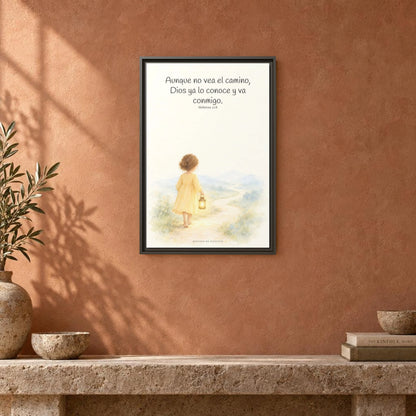 Dios va conmigo aunque no vea el camino — Lienzo Cristiano Enmarcado | Hebreos 11:8 — 16×24 pulgadas, marco espresso, vista frontal ambiental, escala física calibrada