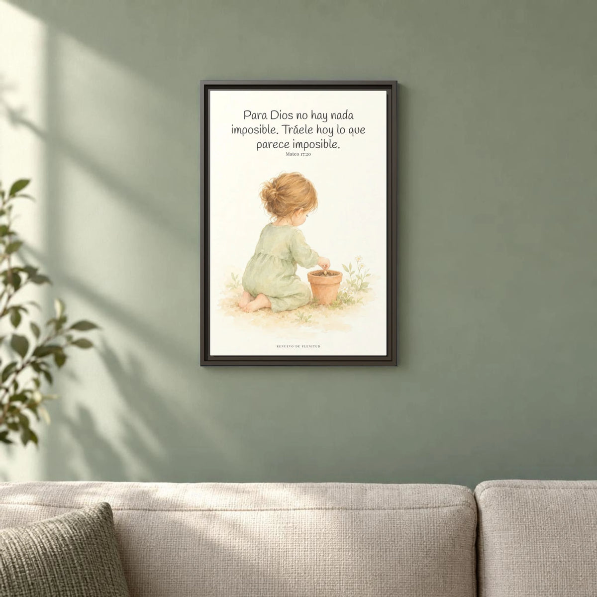 Nada hay imposible para Dios — Lienzo Cristiano Enmarcado | Mateo 17:20 — 16×24 pulgadas, marco espresso, vista frontal ambiental, escala física calibrada