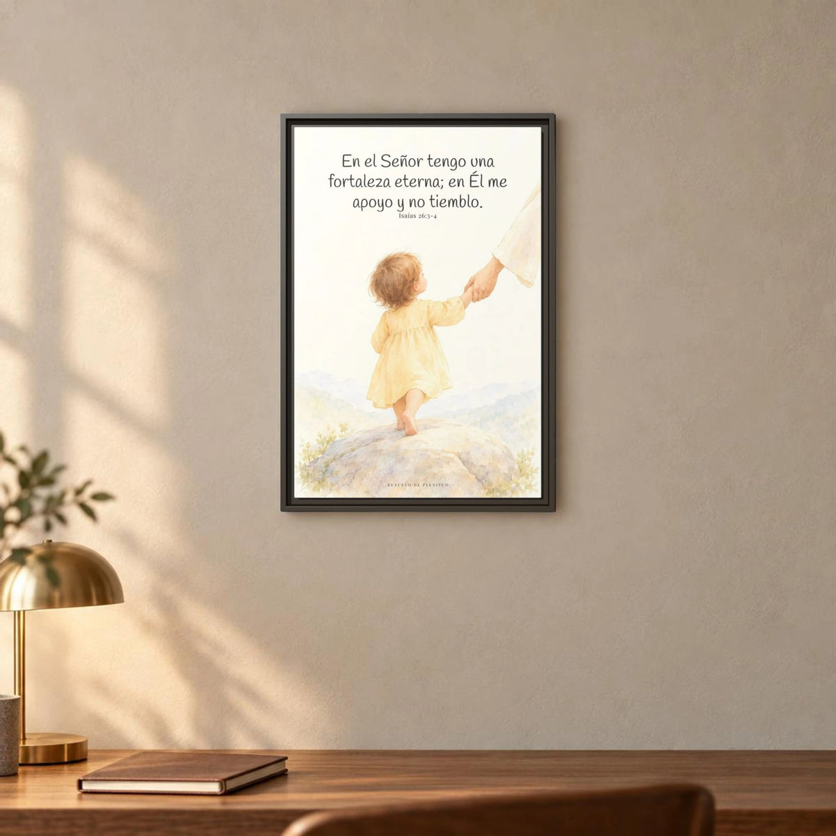 El Señor es mi fortaleza eterna — Lienzo Cristiano Enmarcado | Isaías 26:3-4 — 16×24 pulgadas, marco espresso, vista frontal ambiental, escala física calibrada