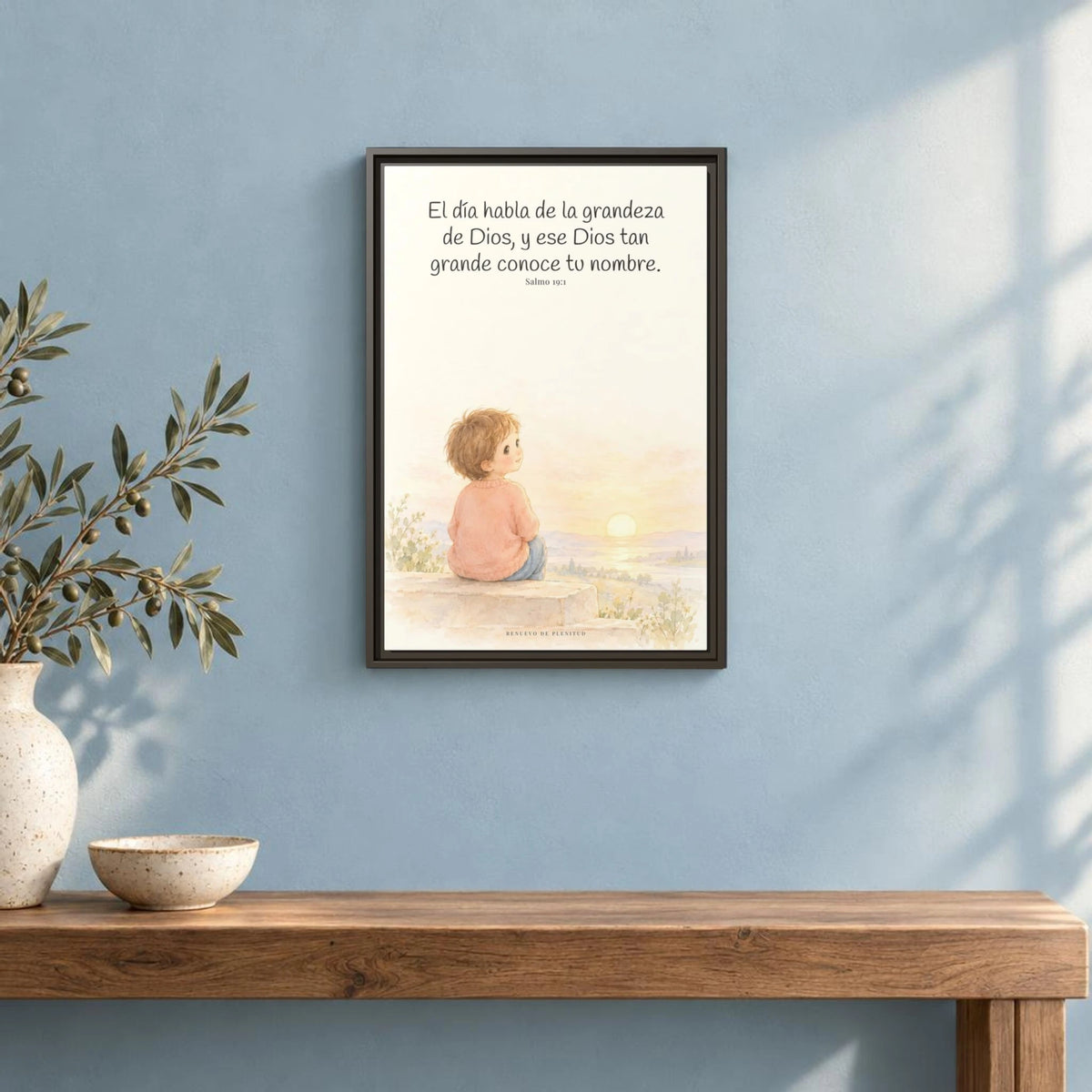 El día habla de la grandeza de Dios | Lienzo cristiano decorativo | Salmo 19:1 — 16×24 pulgadas, marco espresso, vista frontal ambiental, escala física calibrada