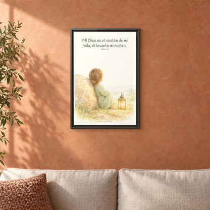 Dios es el sostén de mi vida — Lienzo Cristiano Enmarcado | Salmo 42:5 — 16×24 pulgadas, marco espresso, vista frontal ambiental, escala física calibrada