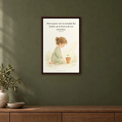 El Señor es bueno y yo veré su bondad | Cuadro bíblico para el hogar | Salmo 27:13 — 16×24 pulgadas, marco espresso, vista frontal ambiental, escala física calibrada