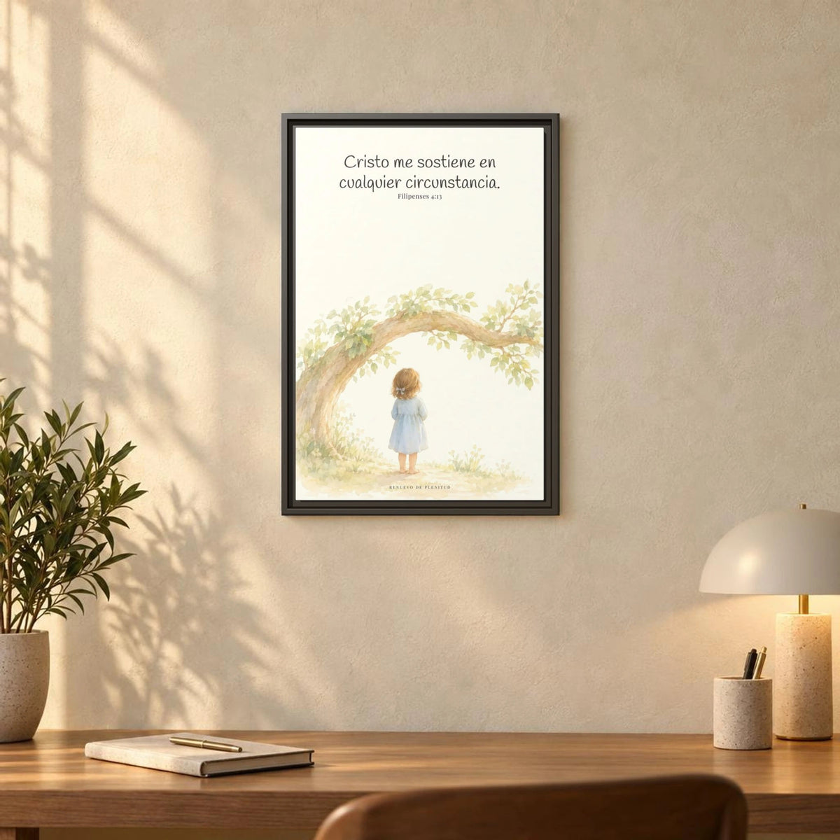 Cristo me sostiene en cualquier circunstancia — Lienzo Cristiano Enmarcado | Filipenses 4:13 — 16×24 pulgadas, marco espresso, vista frontal ambiental, escala física calibrada