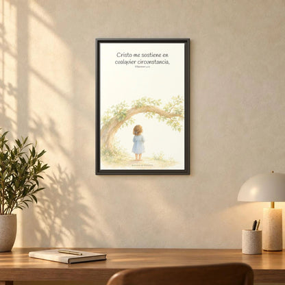 Cristo me sostiene en cualquier circunstancia — Lienzo Cristiano Enmarcado | Filipenses 4:13 — 16×24 pulgadas, marco espresso, vista frontal ambiental, escala física calibrada