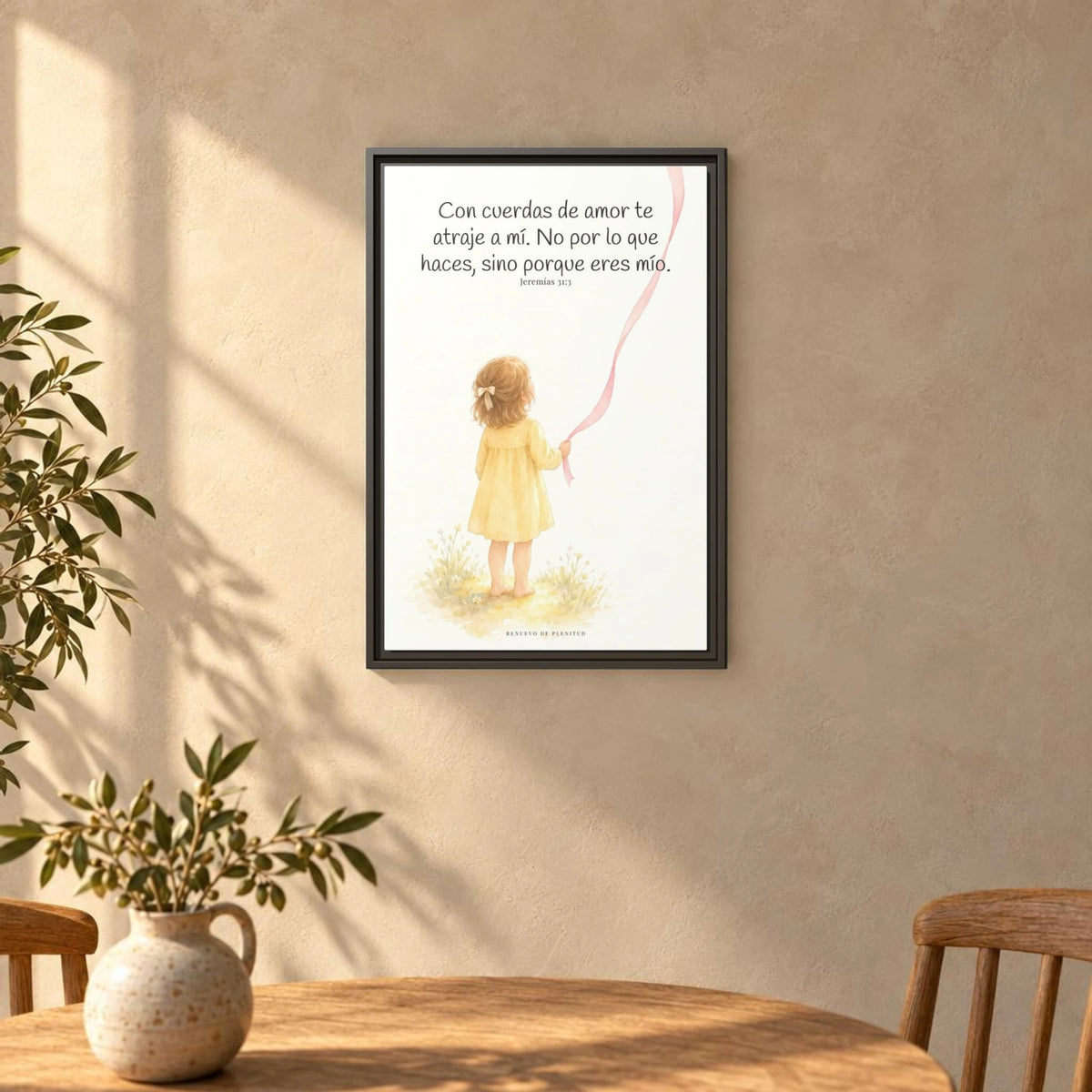 Con cuerdas de amor te atraje a mí — Lienzo Cristiano Enmarcado | Jeremías 31:3 — 16×24 pulgadas, marco espresso, vista frontal ambiental, escala física calibrada