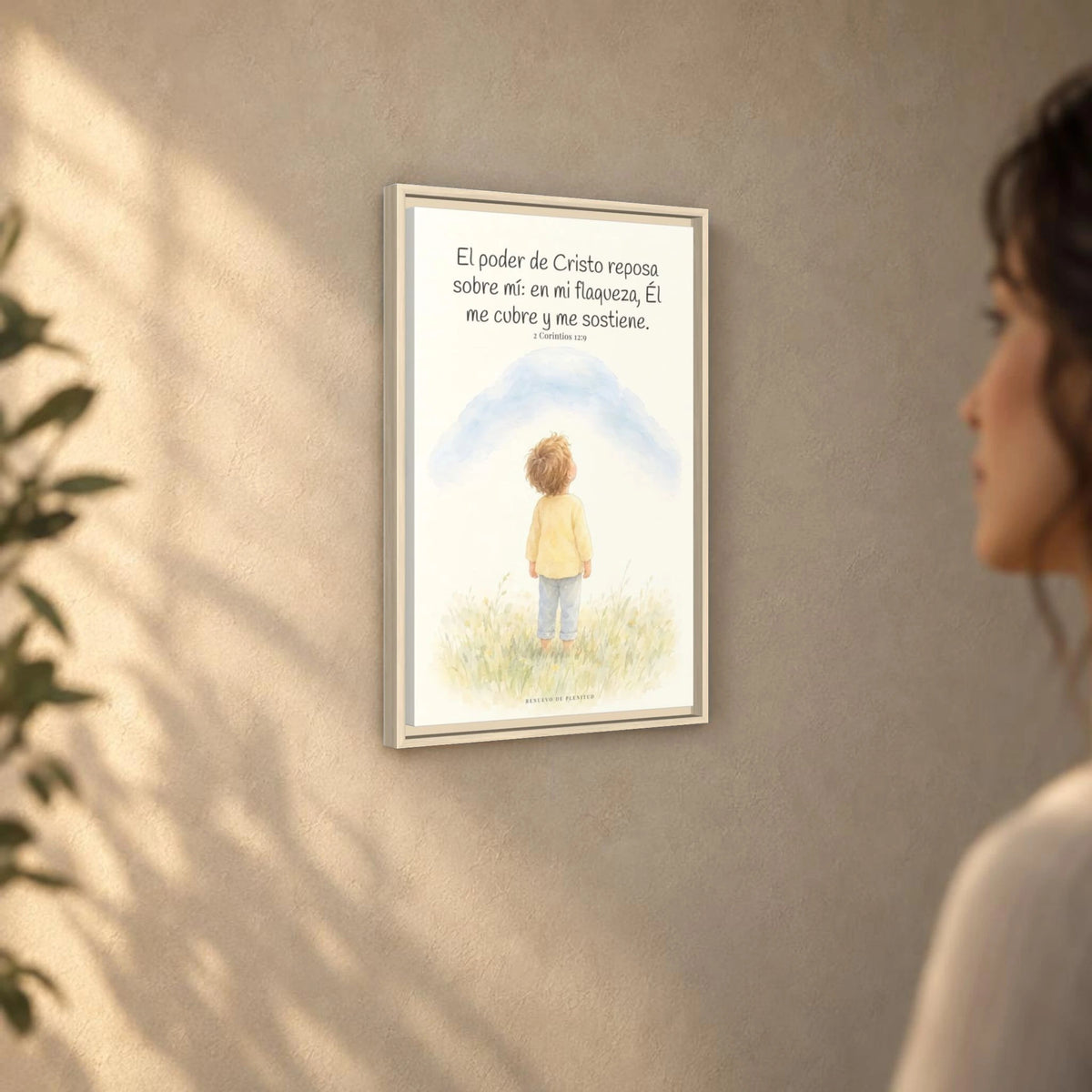 El poder de Cristo descansa sobre mí | Cuadro bíblico para el hogar | 2 Corintios 12:9 — 16×24 pulgadas, marco natural, vista angular ambiental del marco flotante, escala física calibrada