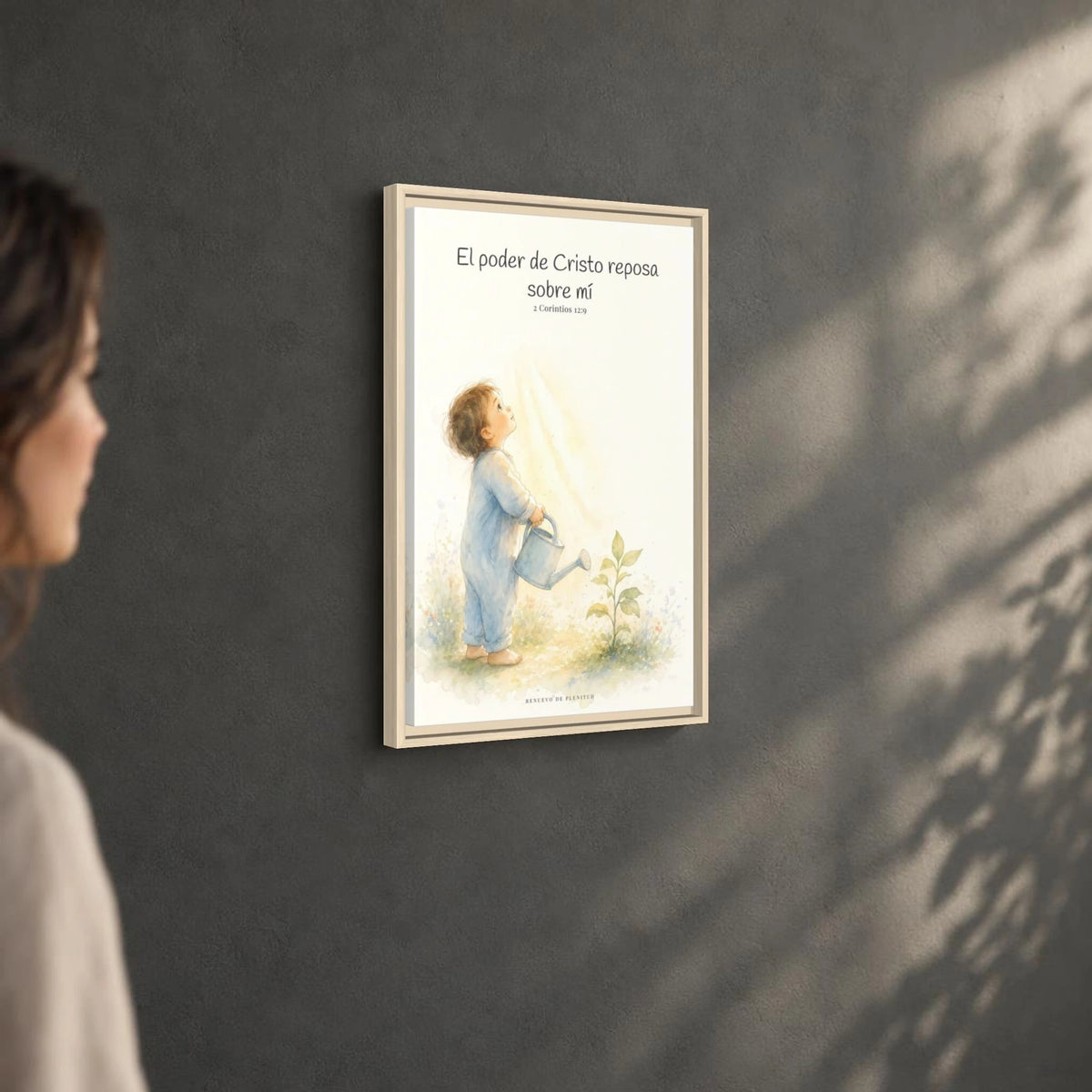 Su poder descansa sobre mí — Lienzo Cristiano Enmarcado | 2 Corintios 12:9 — 16×24 pulgadas, marco natural, vista angular ambiental del marco flotante, escala física calibrada