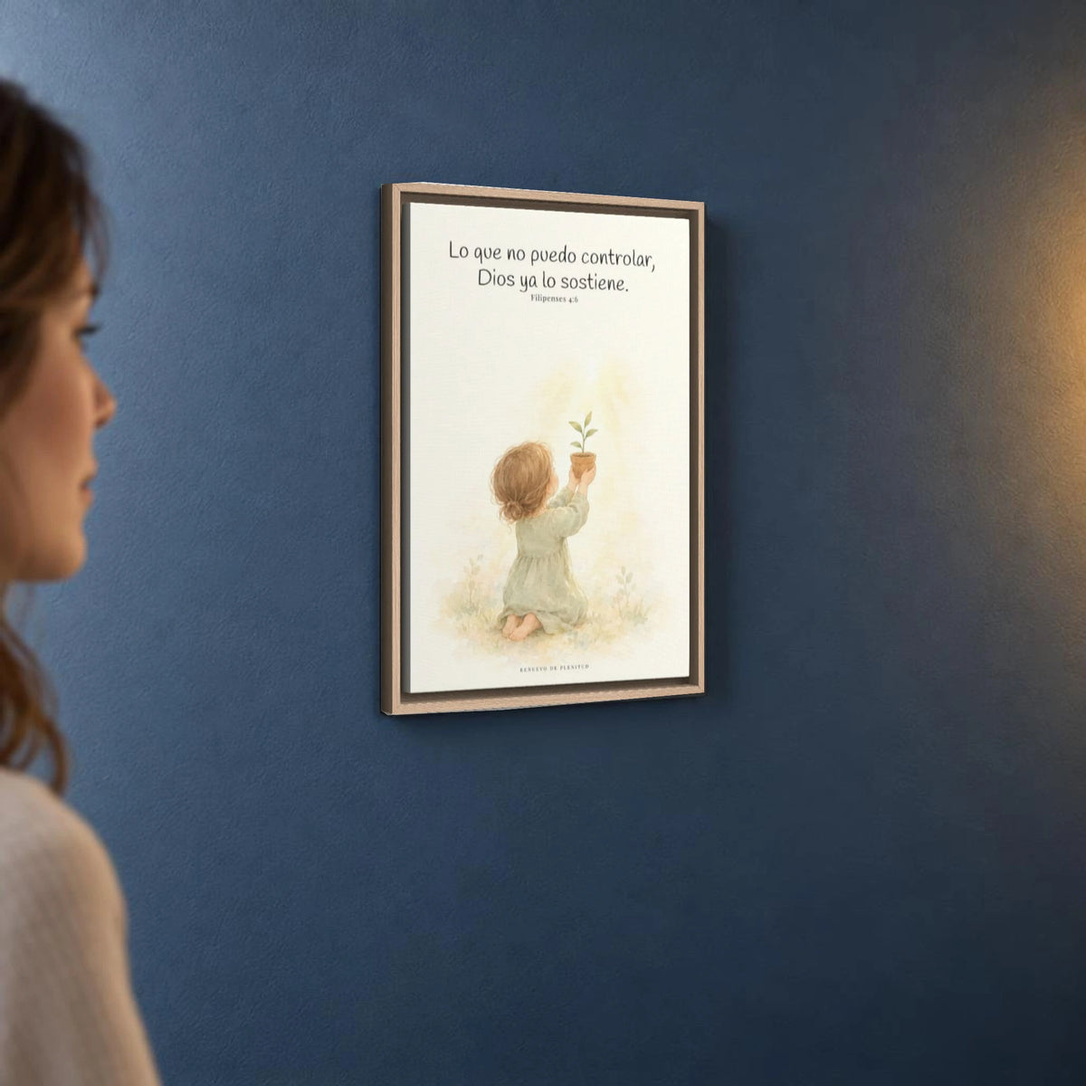 Dios cuida lo que yo no puedo controlar | Decoración de fe para pared | Filipenses 4:6 — 16×24 pulgadas, marco natural, vista angular ambiental del marco flotante, escala física calibrada