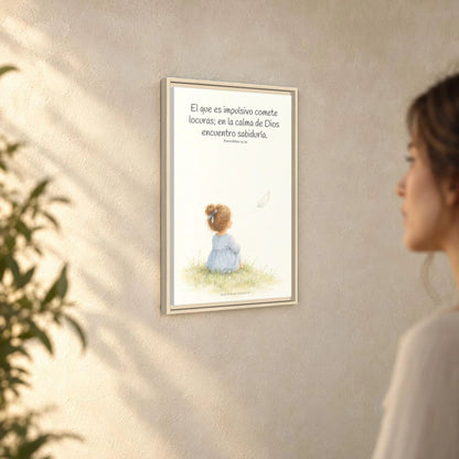 La prisa del corazón no agrada a Dios | Decoración cristiana enmarcada | Proverbios 14:29 — 16×24 pulgadas, marco natural, vista angular ambiental del marco flotante, escala física calibrada