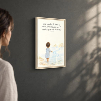 Con cuerdas de amor te atraje — Lienzo Cristiano Enmarcado | Jeremías 31:3 — 16×24 pulgadas, marco natural, vista angular ambiental del marco flotante, escala física calibrada