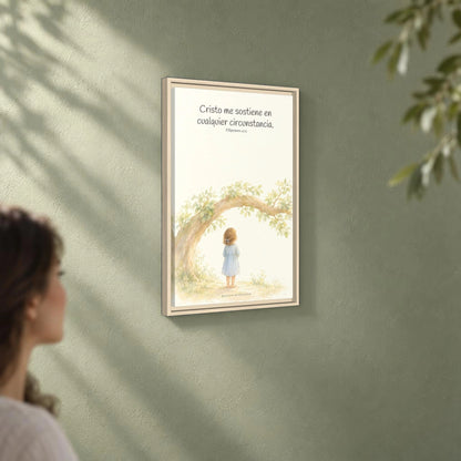 Cristo me sostiene en cualquier circunstancia — Lienzo Cristiano Enmarcado | Filipenses 4:13 — 16×24 pulgadas, marco natural, vista angular ambiental del marco flotante, escala física calibrada