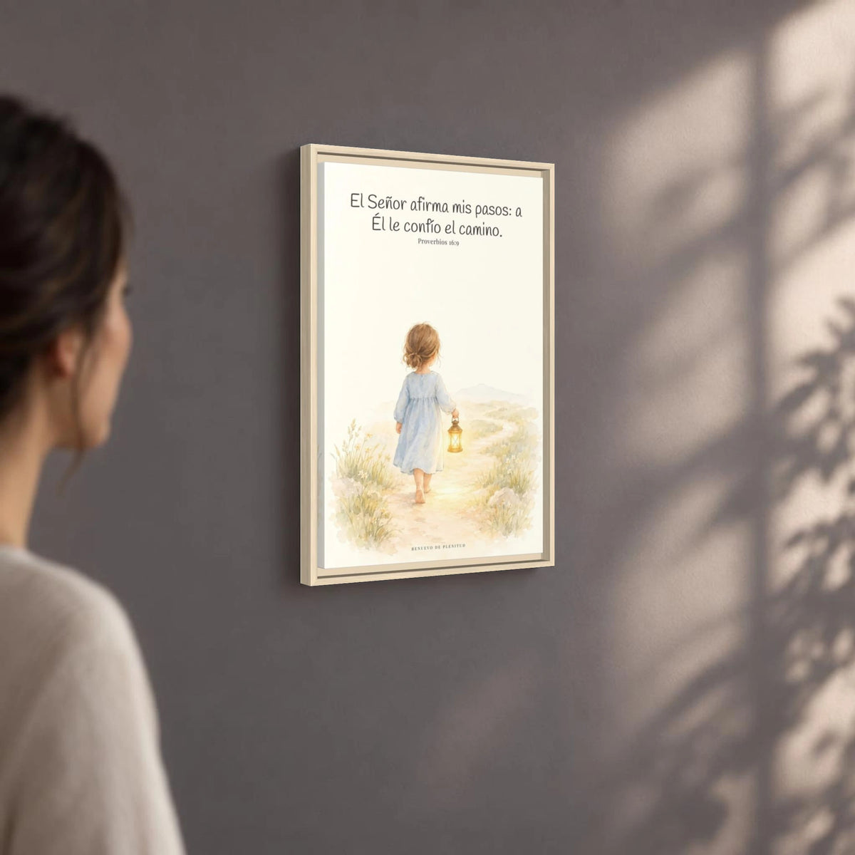 El Señor dirige mis pasos este año — Lienzo Cristiano Enmarcado | Proverbios 16:9 — 16×24 pulgadas, marco natural, vista angular ambiental del marco flotante, escala física calibrada