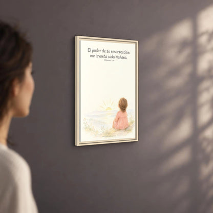 El poder de su resurrección me levanta — Lienzo Cristiano Enmarcado | Filipenses 3:10 — 16×24 pulgadas, marco natural, vista angular ambiental del marco flotante, escala física calibrada