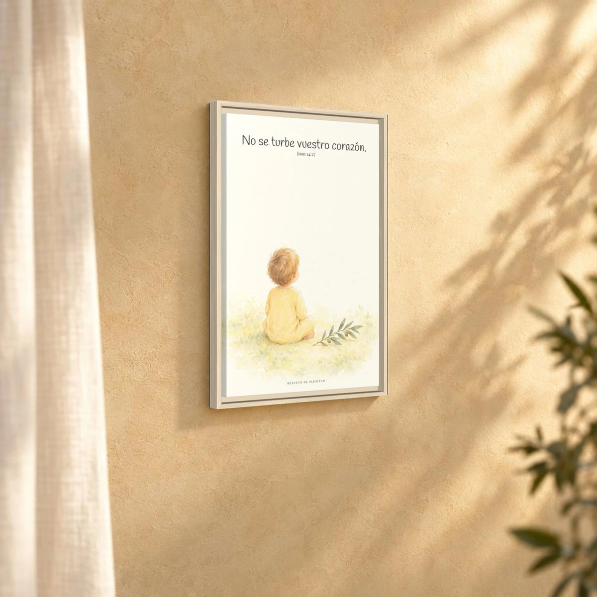 No se turbe vuestro corazón — Lienzo Cristiano Enmarcado | Juan 14:27 — 16×24 pulgadas, marco natural, vista angular ambiental del marco flotante, escala física calibrada