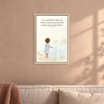 Con cuerdas de amor te atraje — Lienzo Cristiano Enmarcado | Jeremías 31:3 — 16×24 pulgadas, marco natural, vista frontal ambiental, escala física calibrada
