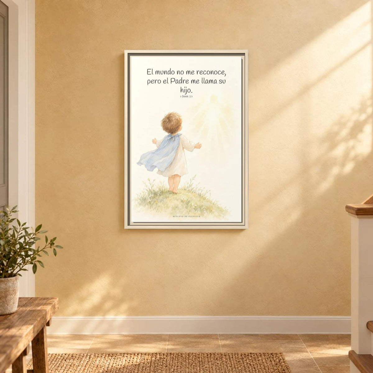 El Padre me conoce y aún así me llama suyo | Decoración de fe para pared | 1 Juan 3:1 — 16×24 pulgadas, marco natural, vista frontal ambiental, escala física calibrada