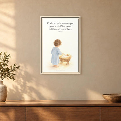 El Verbo se hizo carne por amor a mí — Lienzo Cristiano Enmarcado | Juan 1:14 — 16×24 pulgadas, marco natural, vista frontal ambiental, escala física calibrada