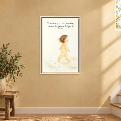 Correrán y no se cansarán — Lienzo Cristiano Enmarcado | Isaías 40:31 — 16×24 pulgadas, marco natural, vista frontal ambiental, escala física calibrada