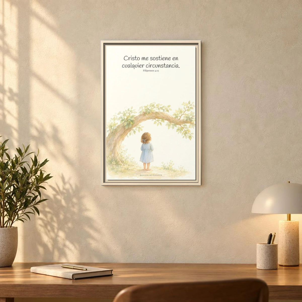 Cristo me sostiene en cualquier circunstancia — Lienzo Cristiano Enmarcado | Filipenses 4:13 — 16×24 pulgadas, marco natural, vista frontal ambiental, escala física calibrada