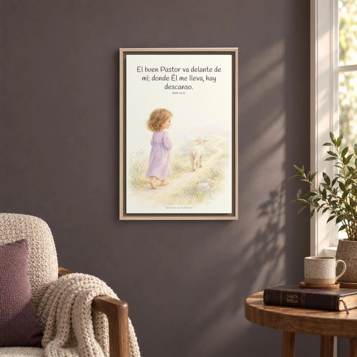 El buen Pastor va delante de mí | Decoración de fe para pared | Juan 10:27 — 16×24 pulgadas, marco natural, vista frontal ambiental, escala física calibrada