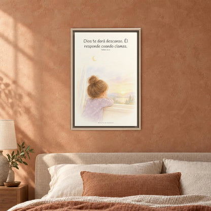 Dios te dará descanso | Cuadro cristiano enmarcado | Salmo 55:22 — 16×24 pulgadas, marco natural, vista frontal ambiental, escala física calibrada