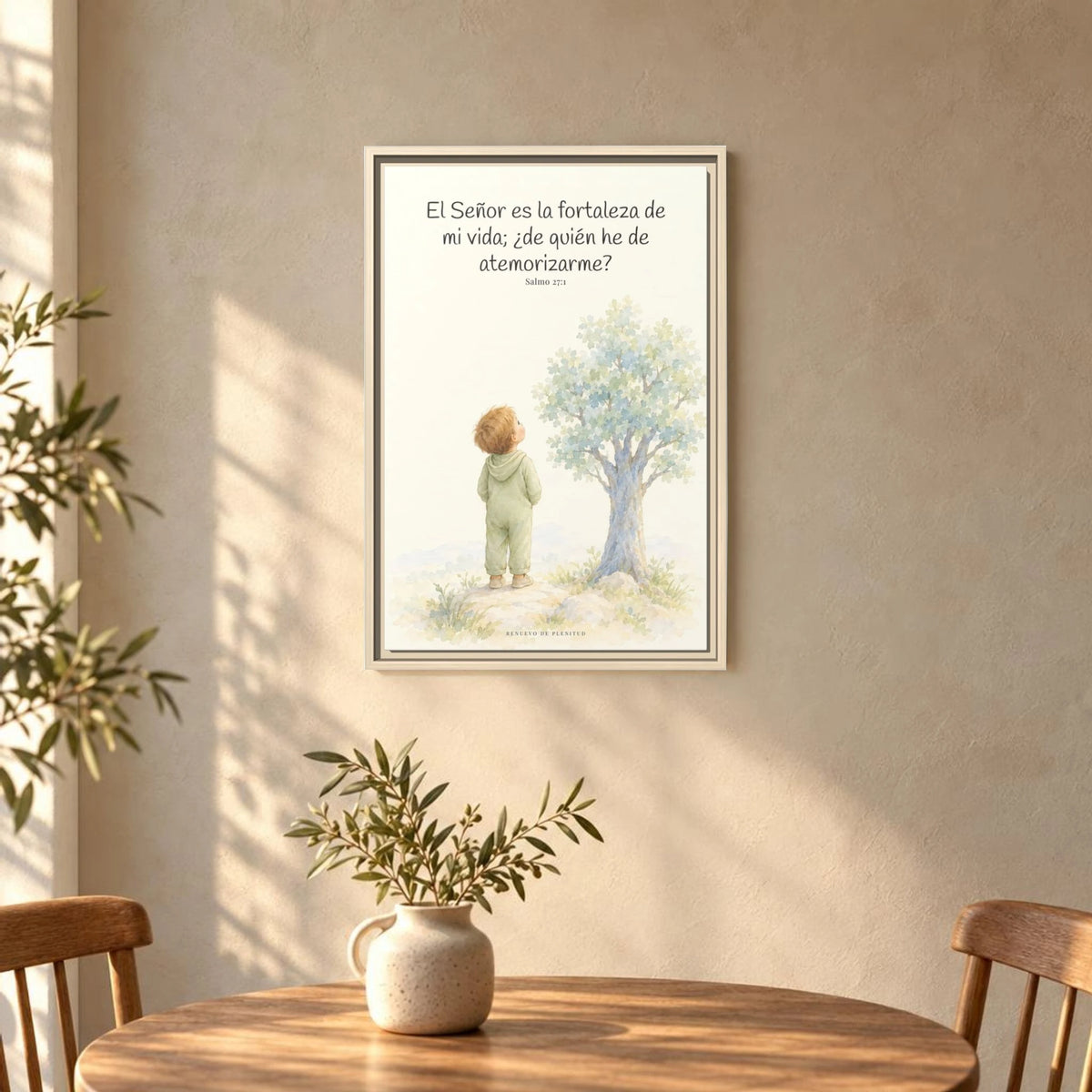 El Señor es la fortaleza de mi vida — Lienzo Cristiano Enmarcado | Salmo 27:1 — 16×24 pulgadas, marco natural, vista frontal ambiental, escala física calibrada