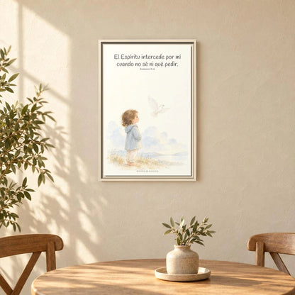 El Espíritu ora por mí cuando no tengo palabras — Lienzo Cristiano Enmarcado | Romanos 8:26 — 16×24 pulgadas, marco natural, vista frontal ambiental, escala física calibrada