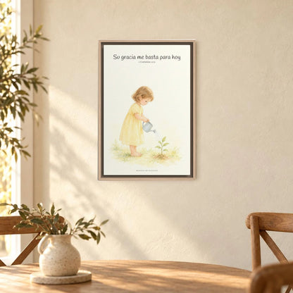 Su gracia me basta para hoy | Decoración de fe para pared | 2 Corintios 12:9 — 16×24 pulgadas, marco natural, vista frontal ambiental, escala física calibrada
