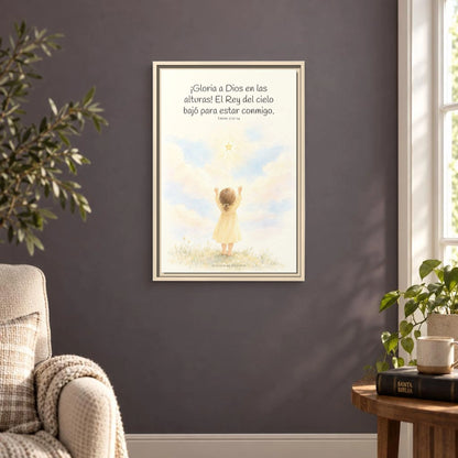 Gloria a Dios en las alturas — Lienzo Cristiano Enmarcado | Lucas 2:13-14 — 16×24 pulgadas, marco natural, vista frontal ambiental, escala física calibrada