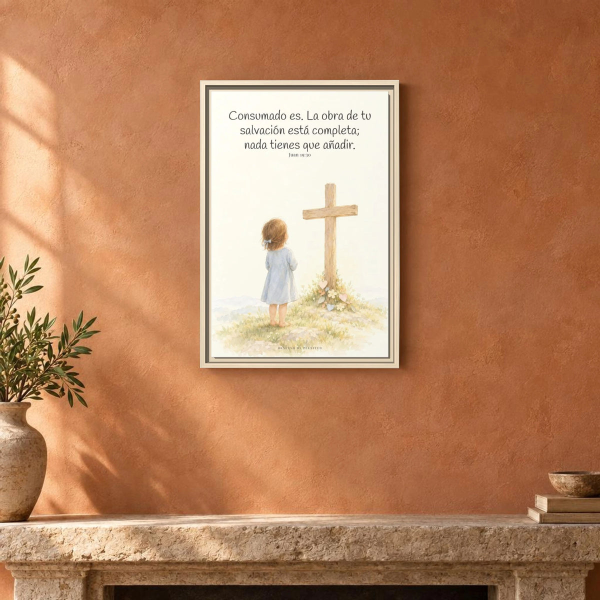 Consumado es: ya nada falta en la obra de Cristo — Lienzo Cristiano Enmarcado | Juan 19:30 — 16×24 pulgadas, marco natural, vista frontal ambiental, escala física calibrada