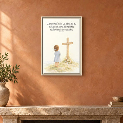 Consumado es: ya nada falta en la obra de Cristo — Lienzo Cristiano Enmarcado | Juan 19:30 — 16×24 pulgadas, marco natural, vista frontal ambiental, escala física calibrada
