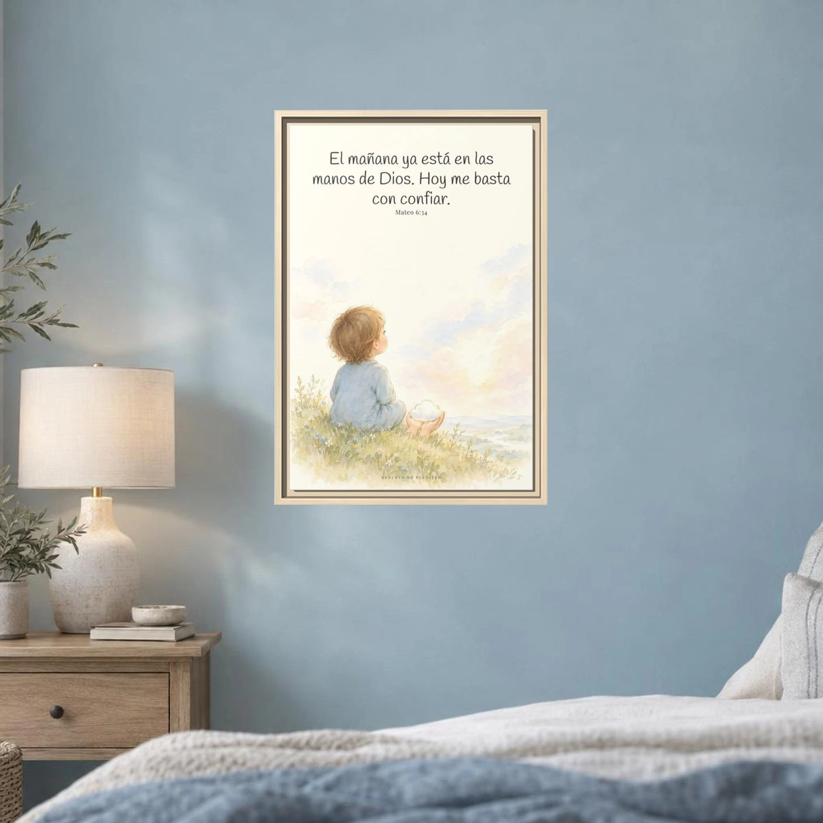 El mañana ya está en las manos de Dios — Lienzo Cristiano Enmarcado | Mateo 6:34 — 16×24 pulgadas, marco natural, vista frontal ambiental, escala física calibrada