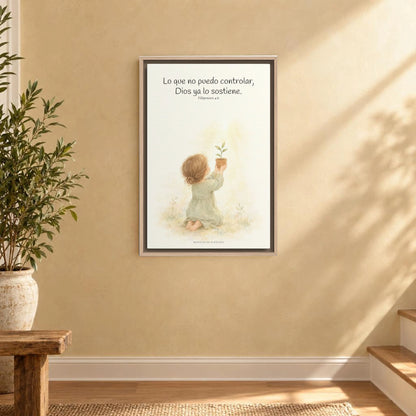 Dios cuida lo que yo no puedo controlar | Decoración de fe para pared | Filipenses 4:6 — 16×24 pulgadas, marco natural, vista frontal ambiental, escala física calibrada