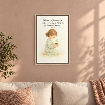 Felices los que pertenecen a Dios | Lienzo de fe para el hogar | Mateo 5:8 — 16×24 pulgadas, marco natural, vista frontal ambiental, escala física calibrada