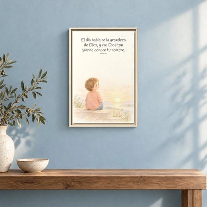 El día habla de la grandeza de Dios | Lienzo cristiano decorativo | Salmo 19:1 — 16×24 pulgadas, marco natural, vista frontal ambiental, escala física calibrada
