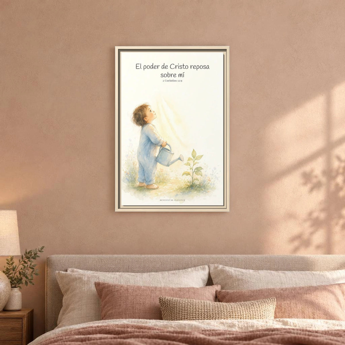 Su poder descansa sobre mí — Lienzo Cristiano Enmarcado | 2 Corintios 12:9 — 16×24 pulgadas, marco natural, vista frontal ambiental, escala física calibrada
