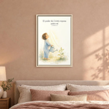 Su poder descansa sobre mí — Lienzo Cristiano Enmarcado | 2 Corintios 12:9 — 16×24 pulgadas, marco natural, vista frontal ambiental, escala física calibrada
