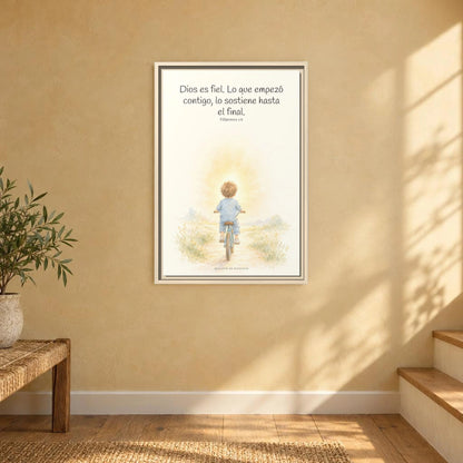 Dios es fiel y no deja a medias lo que promete | Cuadro bíblico para el hogar | Filipenses 1:6 — 16×24 pulgadas, marco natural, vista frontal ambiental, escala física calibrada